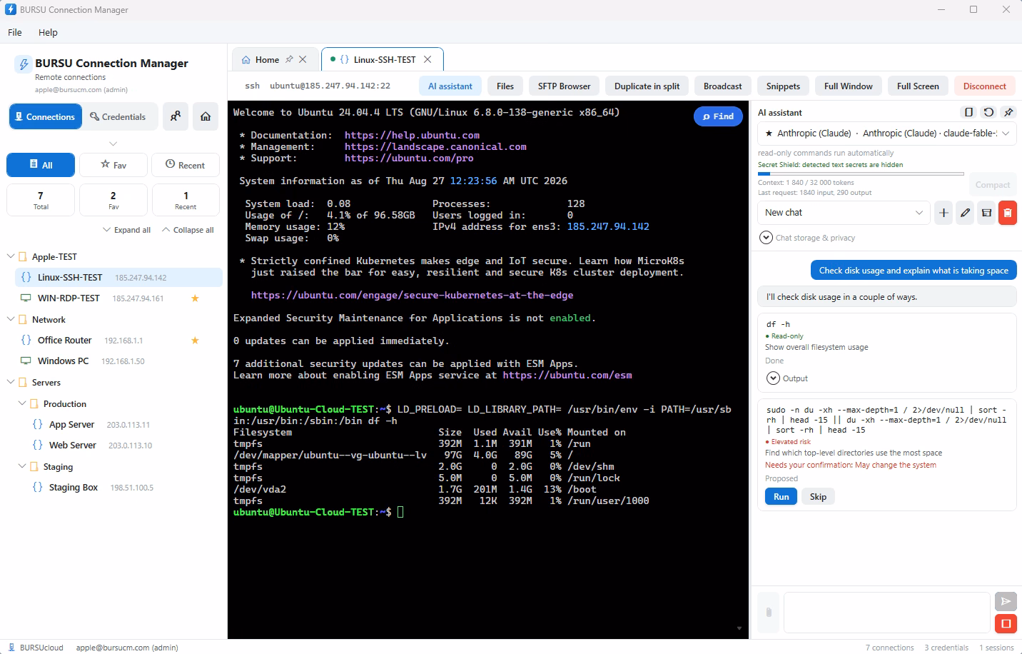 BURSU Connection Manager with the AI assistant beside an SSH session