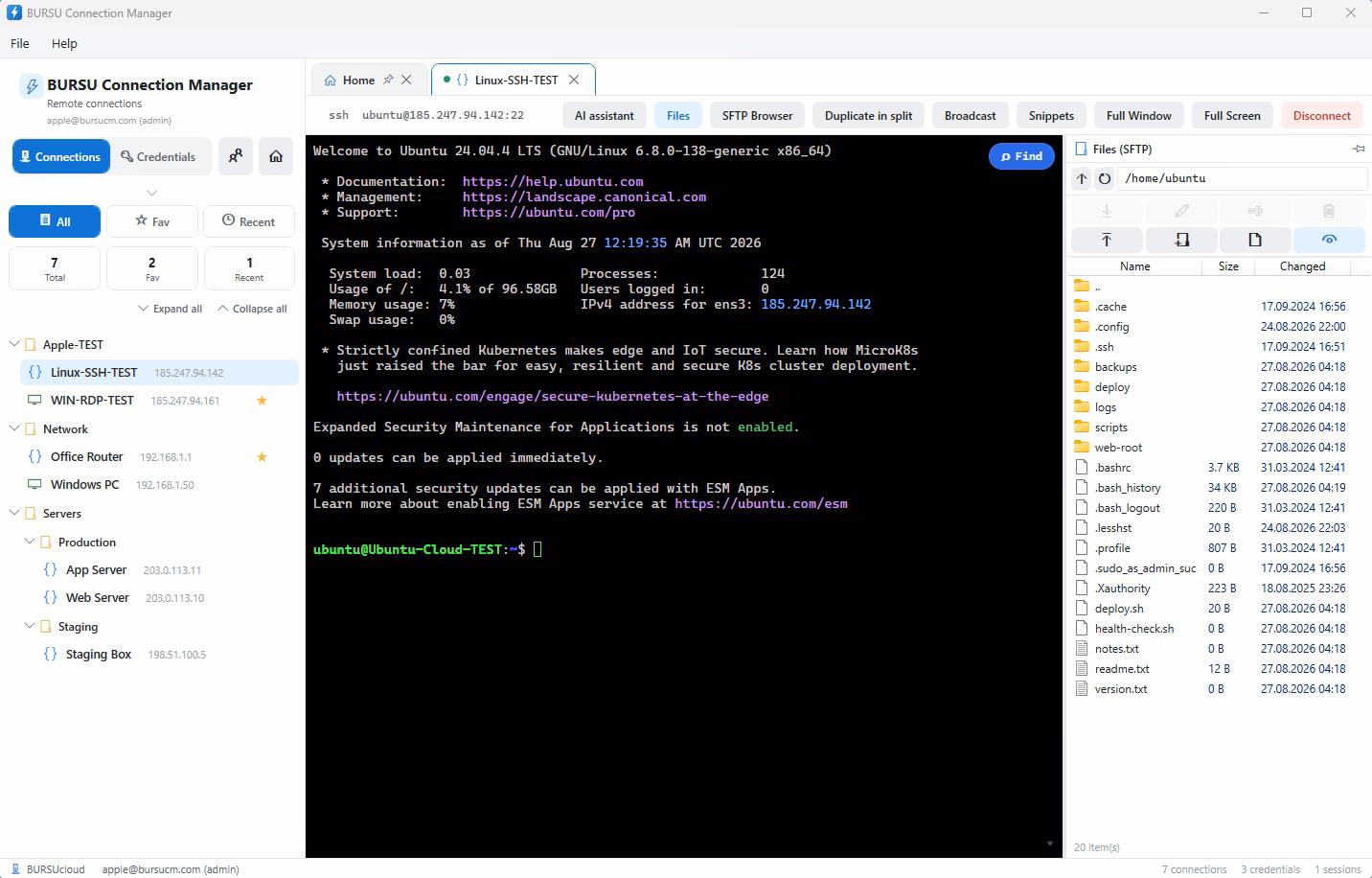BURSU Connection Manager with an SSH session and the file panel